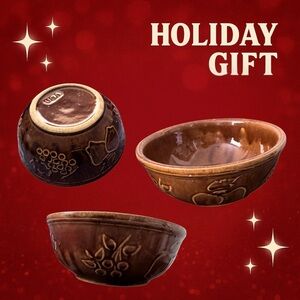 Vintage USA Brown Ceramic Bowl with Grape and Fruit Pattern